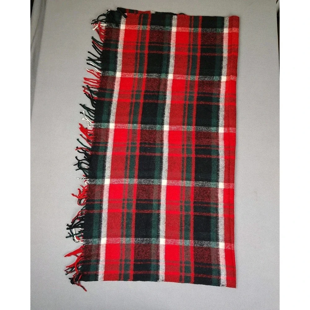Vintage 60s TROY MILLS Wool Blanket Tartan Plaid Holiday Throw Lap Fringe Cozy‎